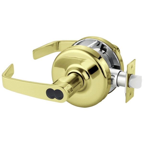 Grade 1 Entrance/Office Cylindrical Lock, Newport Lever, LFIC Less Core, Brght Brss Fnsh, Non-handed